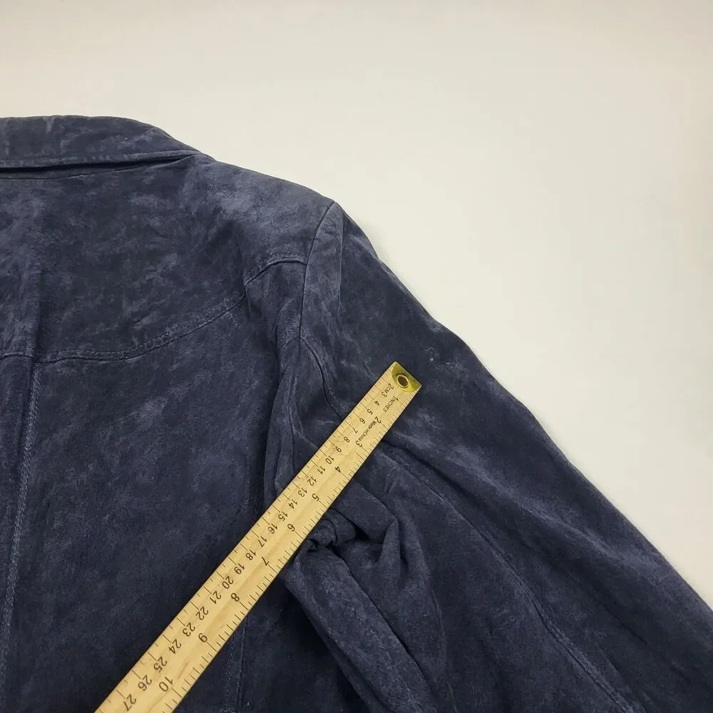 Vtg 90s Blazer Jacket Womens XL Blue Suede Leather Trench Coat Grunge Y2K Goth